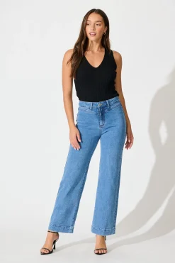 Clearance Tied Up High Rise Wide Leg Jean in Mid Blue Denim Bottoms|Denim