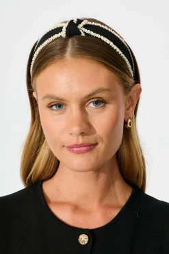 Discount Tonia Beaded Knot Textured Headband in Black with Cream Hair Accessories