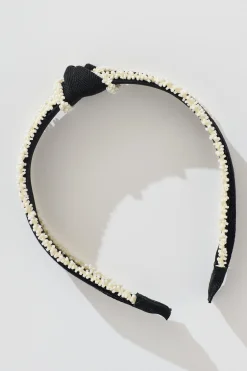 Discount Tonia Beaded Knot Textured Headband in Black with Cream Hair Accessories