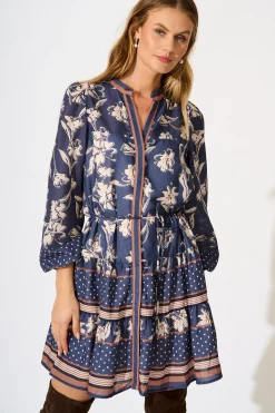 Sale Torie Dress in Navy with Cream Floral Linen Blend Dresses|Casual