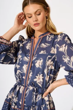 Sale Torie Dress in Navy with Cream Floral Linen Blend Dresses|Casual