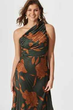 Online Toulon One Shoulder Maxi Dress In Khaki With Rust Leaf Print Pleated Satin Dresses|Formal