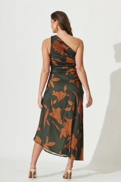 Online Toulon One Shoulder Maxi Dress In Khaki With Rust Leaf Print Pleated Satin Dresses|Formal