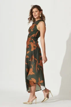 Online Toulon One Shoulder Maxi Dress In Khaki With Rust Leaf Print Pleated Satin Dresses|Formal