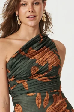 Online Toulon One Shoulder Maxi Dress In Khaki With Rust Leaf Print Pleated Satin Dresses|Formal