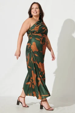 Online Toulon One Shoulder Maxi Dress In Khaki With Rust Leaf Print Pleated Satin Dresses|Formal