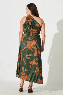 Online Toulon One Shoulder Maxi Dress In Khaki With Rust Leaf Print Pleated Satin Dresses|Formal