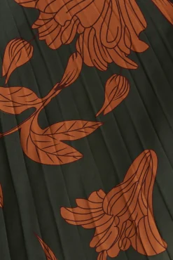 Online Toulon One Shoulder Maxi Dress In Khaki With Rust Leaf Print Pleated Satin Dresses|Formal
