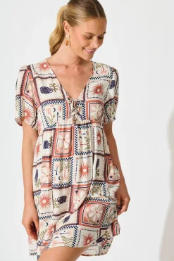 Fashion Transcend Dress in Cream With Rust Multi Patchwork Print Dresses|Casual