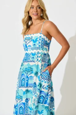 Clearance Treviso Maxi Sundress In Blue Multi with Ric Rac Trim Dresses|Casual