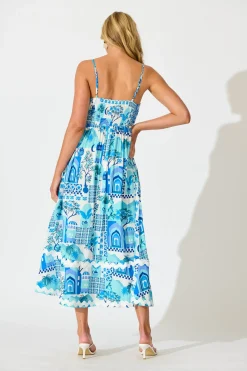 Clearance Treviso Maxi Sundress In Blue Multi with Ric Rac Trim Dresses|Casual