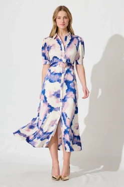 Outlet Trinity Maxi Shirt Dress In Blue With Lilac Watercolour Dresses|Casual