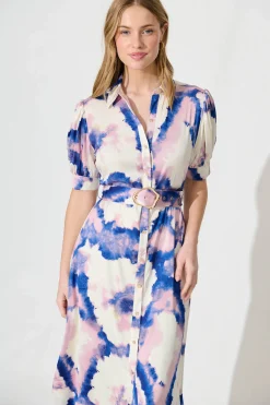 Outlet Trinity Maxi Shirt Dress In Blue With Lilac Watercolour Dresses|Casual