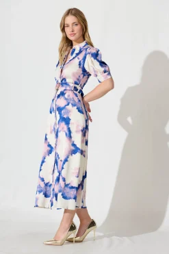 Outlet Trinity Maxi Shirt Dress In Blue With Lilac Watercolour Dresses|Casual