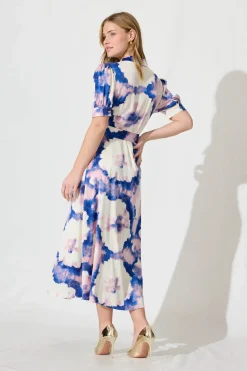 Outlet Trinity Maxi Shirt Dress In Blue With Lilac Watercolour Dresses|Casual