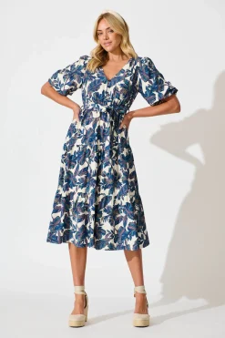 Hot Tris Midi Dress in White with Blue Multi Leaf Dresses|Casual
