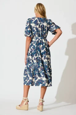 Hot Tris Midi Dress in White with Blue Multi Leaf Dresses|Casual