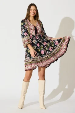 Online Tully Dress in Black with Pink Boho Floral Dresses|Casual