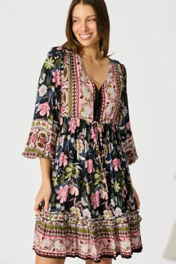 Online Tully Dress in Black with Pink Boho Floral Dresses|Casual