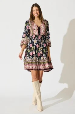 Online Tully Dress in Black with Pink Boho Floral Dresses|Casual