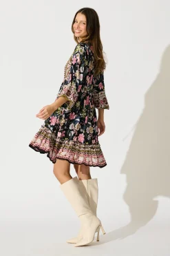 Online Tully Dress in Black with Pink Boho Floral Dresses|Casual