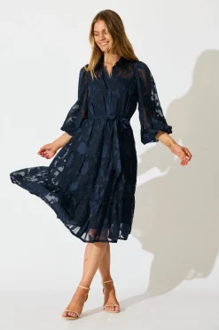 Hot Twilight Midi Dress in Navy Floral Burnout Chiffon Engagement Party