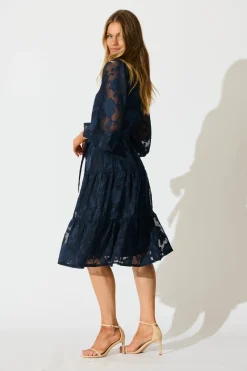 Hot Twilight Midi Dress in Navy Floral Burnout Chiffon Engagement Party