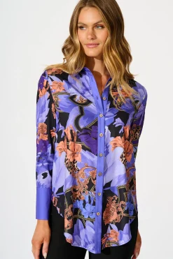 Sale Twilight Peony Shirt in Blue with Multi Satin Tops|Party & Occasion