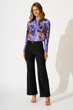 Sale Twilight Peony Shirt in Blue with Multi Satin Tops|Party & Occasion