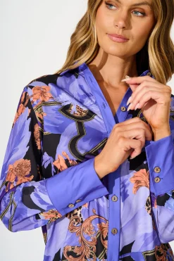 Sale Twilight Peony Shirt in Blue with Multi Satin Tops|Party & Occasion