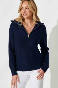 Fashion Uma Zip Athleisure Knit In Navy Wool Blend Knitwear|Knitwear