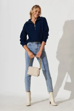 Fashion Uma Zip Athleisure Knit In Navy Wool Blend Knitwear|Knitwear