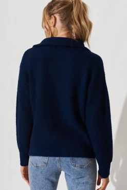 Fashion Uma Zip Athleisure Knit In Navy Wool Blend Knitwear|Knitwear