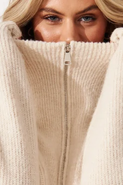 Fashion Uma Zip Athleisure Knit in Beige Knitwear|Knitwear