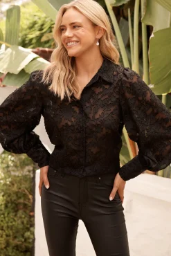 Online Vanessa Shirt In Black Leaf Burnout Chiffon Tops|Party & Occasion