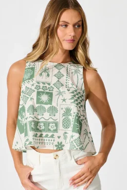 Clearance Vanya Top in Cream and Green Palm Print Cotton Tops|Casual