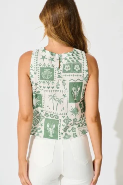 Clearance Vanya Top in Cream and Green Palm Print Cotton Tops|Casual