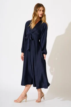 Best Veiled Illusion Maxi Dress in Navy Satin Dresses|Party