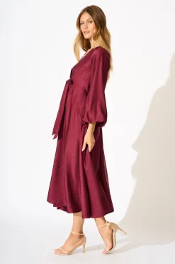 New Veiled Illusion Maxi Dress in Wine Satin Dresses|Party