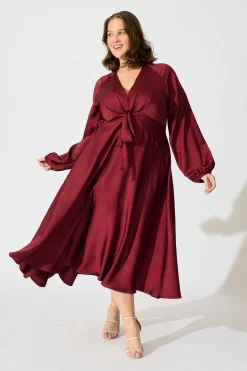 New Veiled Illusion Maxi Dress in Wine Satin Dresses|Party