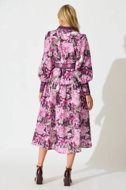 Clearance Verity Maxi Dress in Multi Plum Floral Linen Blend Dresses|Party