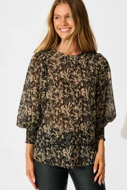 New Veronica Top in Black with Cream Print Chiffon Tops