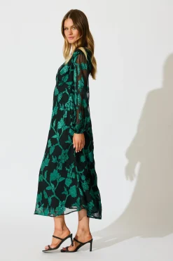 Outlet Viola Midi Dress in Black with Emerald Floral Burnout Chiffon Dresses|Party