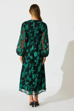 Outlet Viola Midi Dress in Black with Emerald Floral Burnout Chiffon Dresses|Party