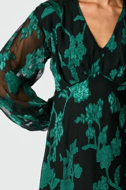 Outlet Viola Midi Dress in Black with Emerald Floral Burnout Chiffon Dresses|Party