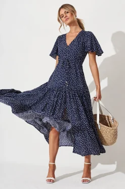 Fashion Violet Maxi Dress In Navy Spot Dresses