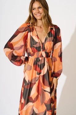 New Vista Midi Dress in Tangerine Multi Leaf Print Chiffon Dresses|Party