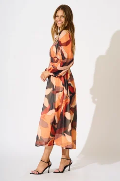 New Vista Midi Dress in Tangerine Multi Leaf Print Chiffon Dresses|Party