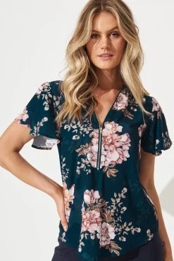 Best Viviana Zip Top In Teal With Blush Floral Tops|Workwear