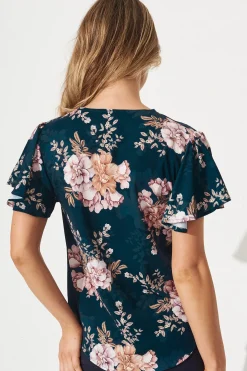 Best Viviana Zip Top In Teal With Blush Floral Tops|Workwear